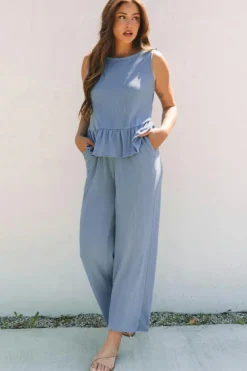 Outlet Dear-Lover Solid Color Ribbed Ruffle Tank Top and Pants Set Beau Blue