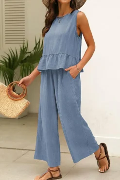 Outlet Dear-Lover Solid Color Ribbed Ruffle Tank Top and Pants Set Beau Blue