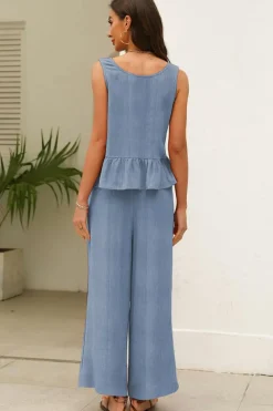 Outlet Dear-Lover Solid Color Ribbed Ruffle Tank Top and Pants Set Beau Blue