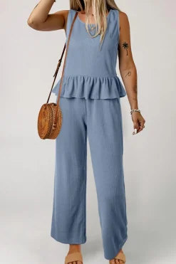 Outlet Dear-Lover Solid Color Ribbed Ruffle Tank Top and Pants Set Beau Blue