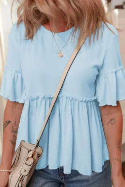 Fashion Dear-Lover Solid Color Textured Frilly Ruffle Patchwork Blouse Beau Blue
