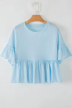 Fashion Dear-Lover Solid Color Textured Frilly Ruffle Patchwork Blouse Beau Blue