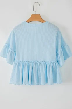 Fashion Dear-Lover Solid Color Textured Frilly Ruffle Patchwork Blouse Beau Blue
