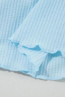 Fashion Dear-Lover Solid Color Textured Frilly Ruffle Patchwork Blouse Beau Blue