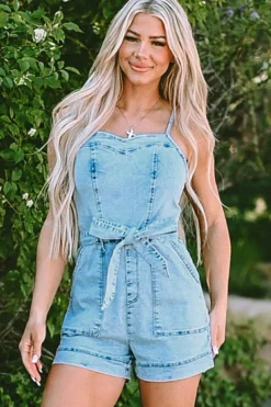 Best Dear-Lover Spaghetti Straps Belted Denim Romper Beau Blue
