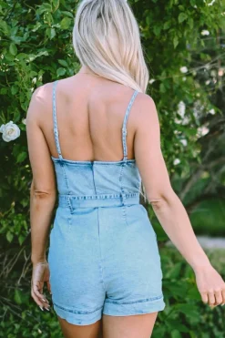 Best Dear-Lover Spaghetti Straps Belted Denim Romper Beau Blue