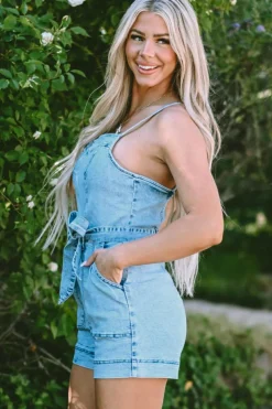 Best Dear-Lover Spaghetti Straps Belted Denim Romper Beau Blue