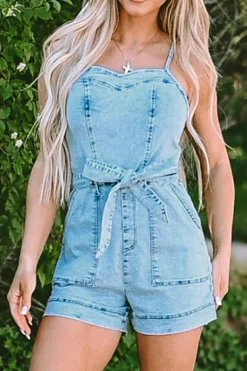 Best Dear-Lover Spaghetti Straps Belted Denim Romper Beau Blue