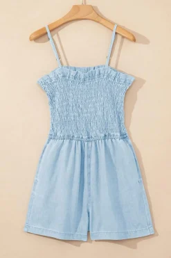 Clearance Dear-Lover Spaghetti Strap Smocked Denim Romper Beau Blue