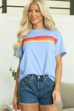 Discount Dear-Lover Striped Patch Front Casual Tee Beau Blue