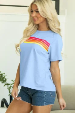 Discount Dear-Lover Striped Patch Front Casual Tee Beau Blue