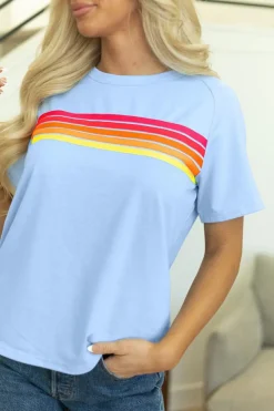 Discount Dear-Lover Striped Patch Front Casual Tee Beau Blue