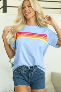 Discount Dear-Lover Striped Patch Front Casual Tee Beau Blue
