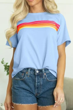 Discount Dear-Lover Striped Patch Front Casual Tee Beau Blue