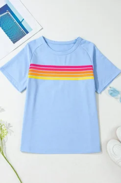 Discount Dear-Lover Striped Patch Front Casual Tee Beau Blue