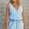 Sale Dear-Lover Studded V Neck Raw Hem Sleeveless Denim Romper Beau Blue