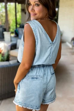 Sale Dear-Lover Studded V Neck Raw Hem Sleeveless Denim Romper Beau Blue