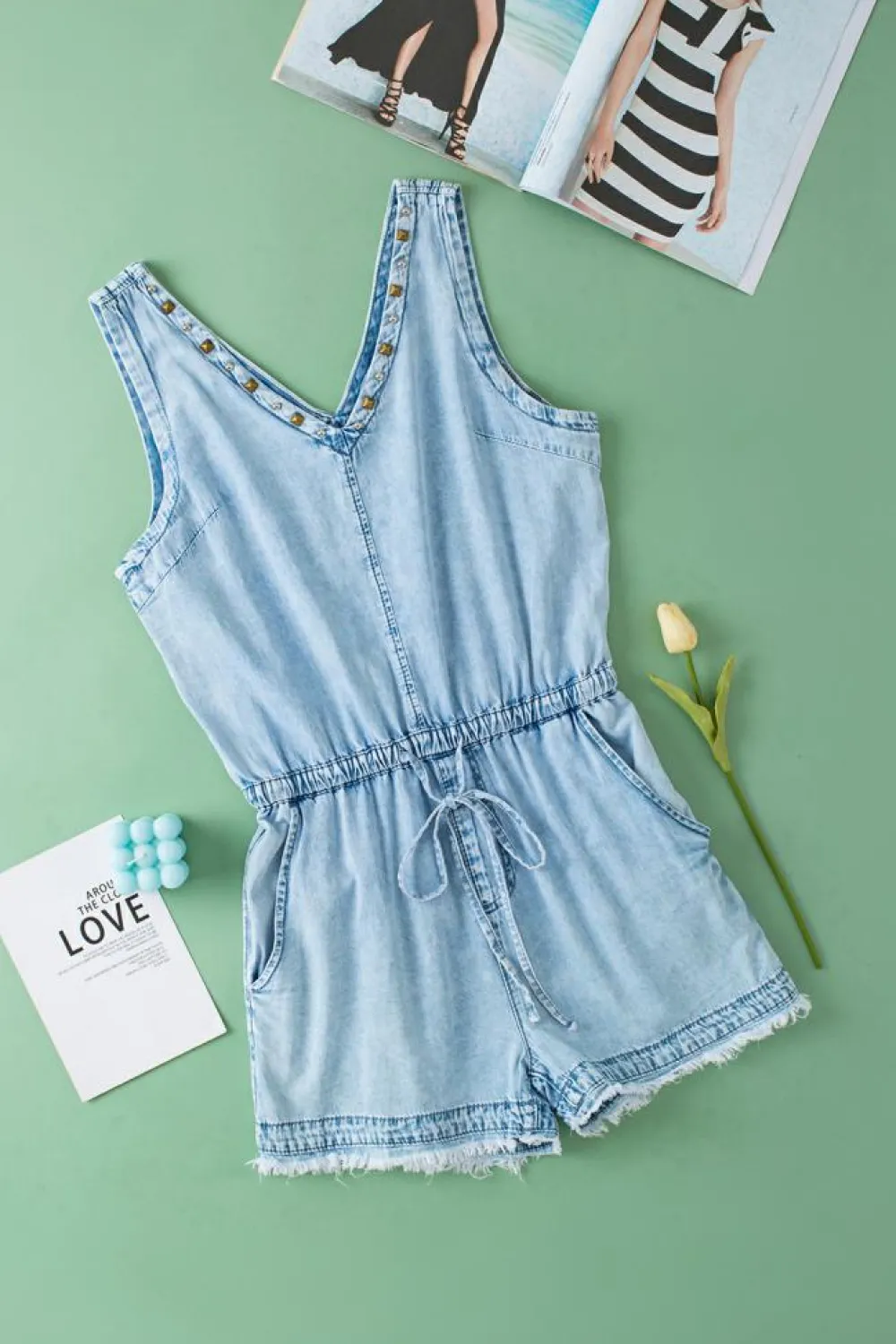 Sale Dear-Lover Studded V Neck Raw Hem Sleeveless Denim Romper Beau Blue