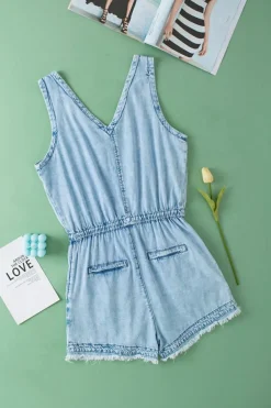 Sale Dear-Lover Studded V Neck Raw Hem Sleeveless Denim Romper Beau Blue