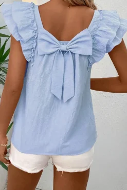 New Dear-Lover Textured Bow Knot Frilled Butterfly Sleeve Blouse Beau Blue