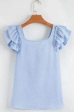 New Dear-Lover Textured Bow Knot Frilled Butterfly Sleeve Blouse Beau Blue
