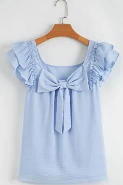 New Dear-Lover Textured Bow Knot Frilled Butterfly Sleeve Blouse Beau Blue