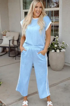 New Dear-Lover Textured Colorblock Edge Tank Top High Waist Pants Set Beau Blue