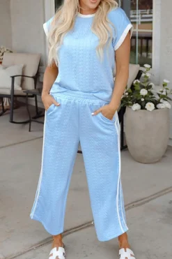 New Dear-Lover Textured Colorblock Edge Tank Top High Waist Pants Set Beau Blue