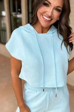 Sale Dear-Lover Textured Cropped Hoodie and Shorts Set Beau Blue