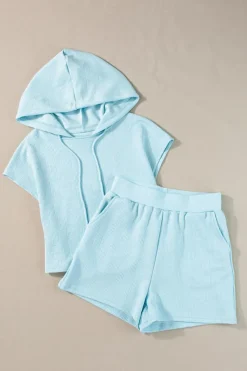 Sale Dear-Lover Textured Cropped Hoodie and Shorts Set Beau Blue
