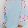 Sale Dear-Lover Textured Floral Patchwork Balloon Sleeve Blouse Beau Blue