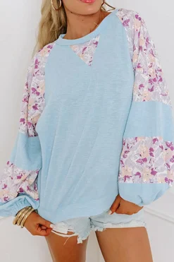 Sale Dear-Lover Textured Floral Patchwork Balloon Sleeve Blouse Beau Blue