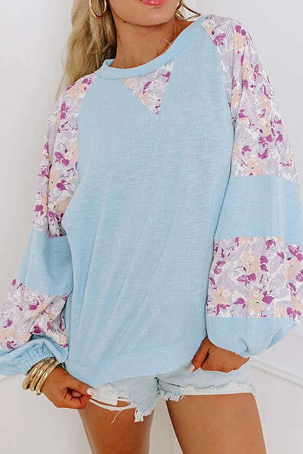 Sale Dear-Lover Textured Floral Patchwork Balloon Sleeve Blouse Beau Blue