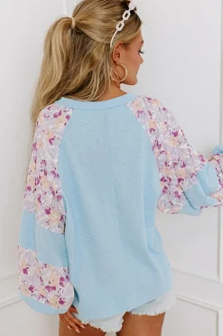 Sale Dear-Lover Textured Floral Patchwork Balloon Sleeve Blouse Beau Blue
