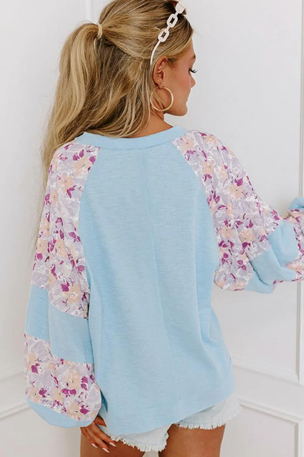 Sale Dear-Lover Textured Floral Patchwork Balloon Sleeve Blouse Beau Blue