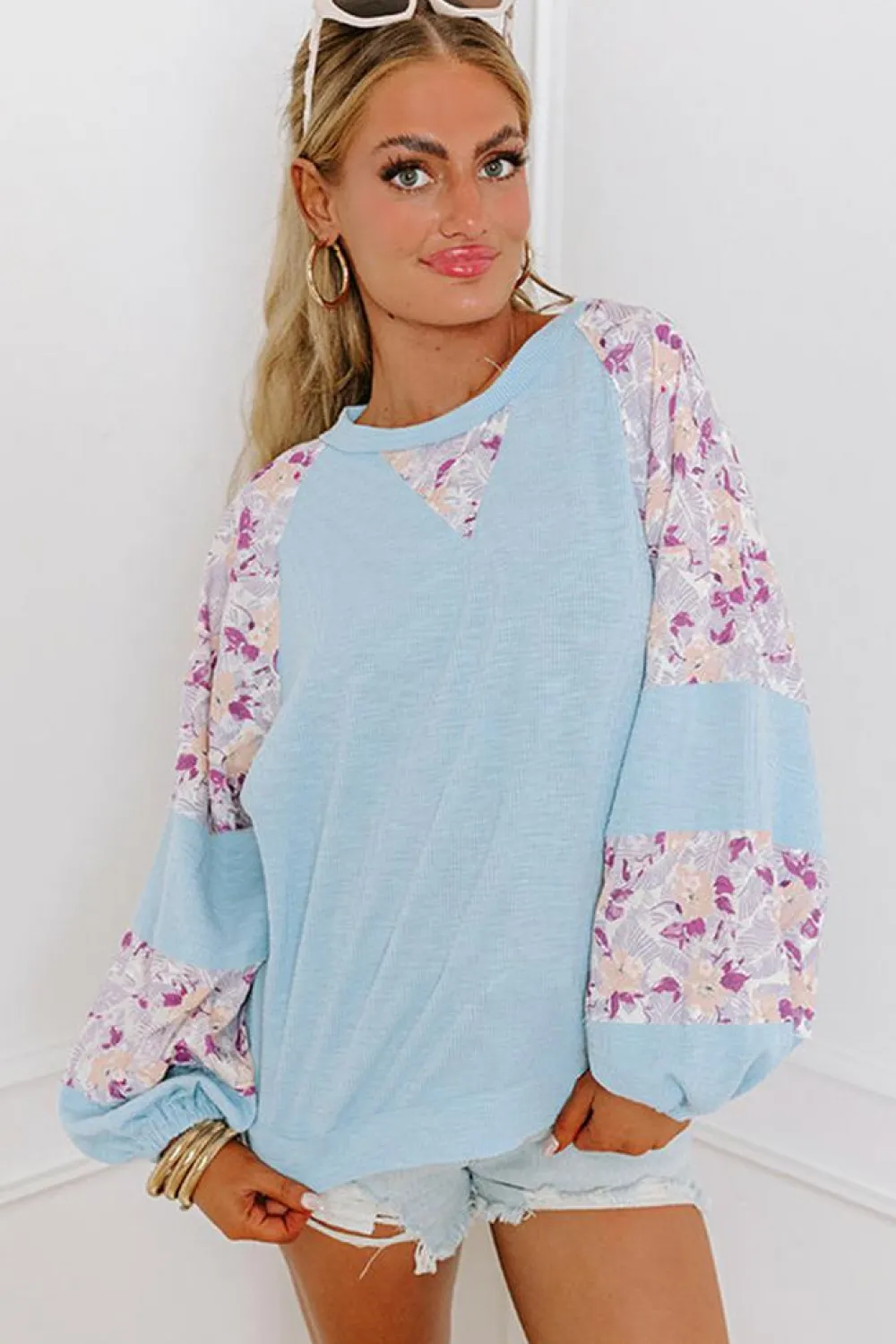Sale Dear-Lover Textured Floral Patchwork Balloon Sleeve Blouse Beau Blue