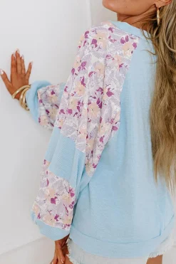 Sale Dear-Lover Textured Floral Patchwork Balloon Sleeve Blouse Beau Blue