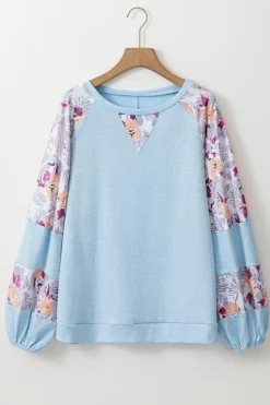 Sale Dear-Lover Textured Floral Patchwork Balloon Sleeve Blouse Beau Blue