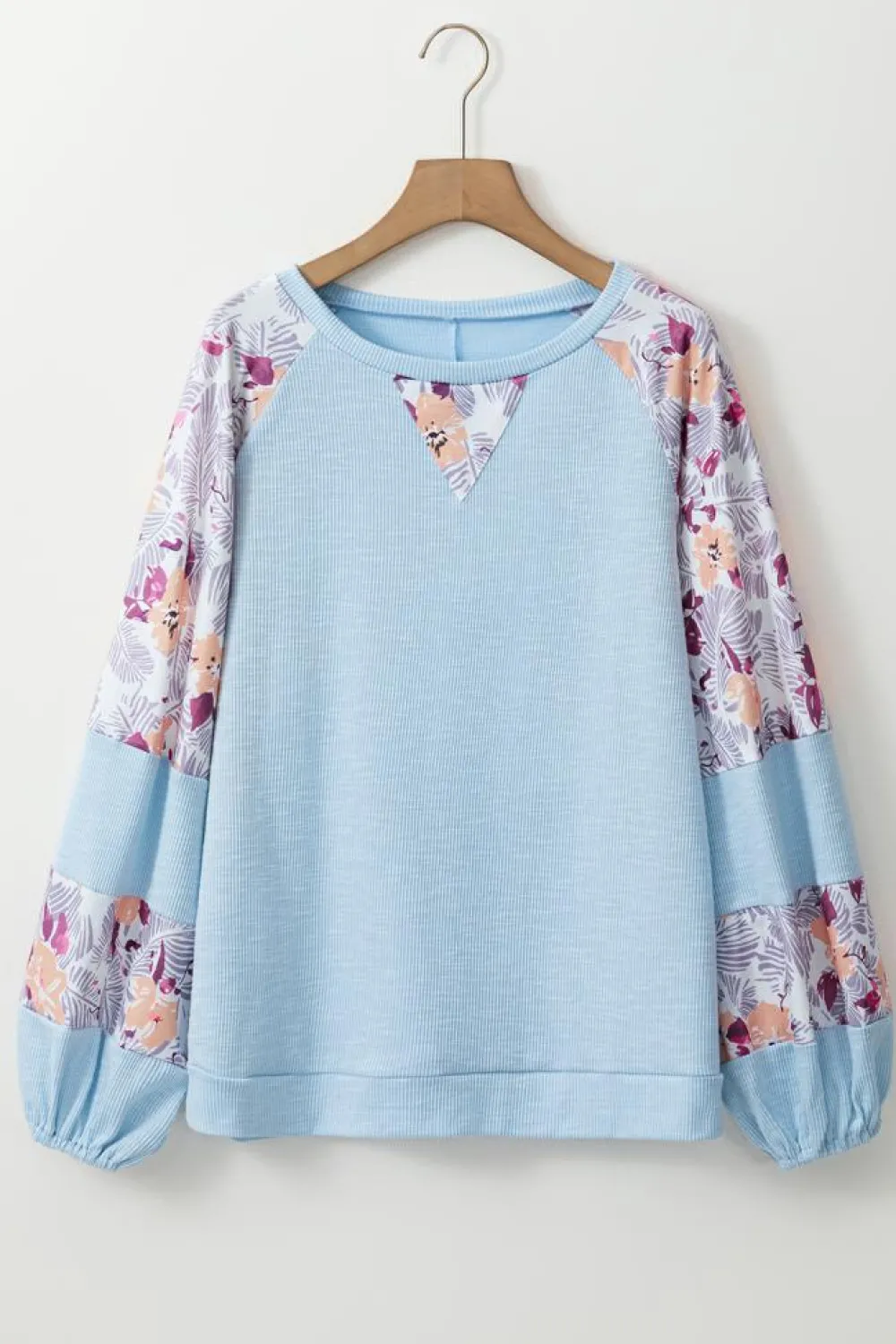 Sale Dear-Lover Textured Floral Patchwork Balloon Sleeve Blouse Beau Blue