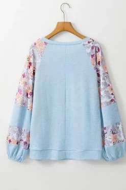 Sale Dear-Lover Textured Floral Patchwork Balloon Sleeve Blouse Beau Blue