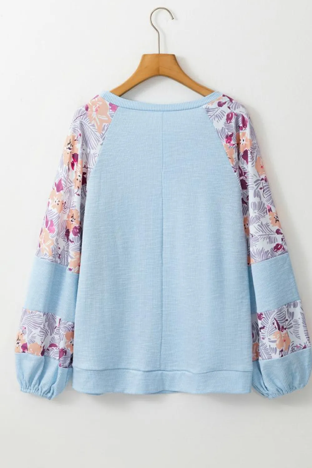 Sale Dear-Lover Textured Floral Patchwork Balloon Sleeve Blouse Beau Blue