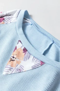 Sale Dear-Lover Textured Floral Patchwork Balloon Sleeve Blouse Beau Blue