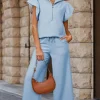 Outlet Dear-Lover Textured Ruffled Sleeve Zipped Top and Wide Leg Pants Set Beau Blue