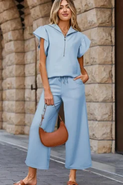 Outlet Dear-Lover Textured Ruffled Sleeve Zipped Top and Wide Leg Pants Set Beau Blue