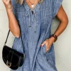 Online Dear-Lover Tie V Neck Tucking Detail Short Sleeve Denim Shift Dress Beau Blue