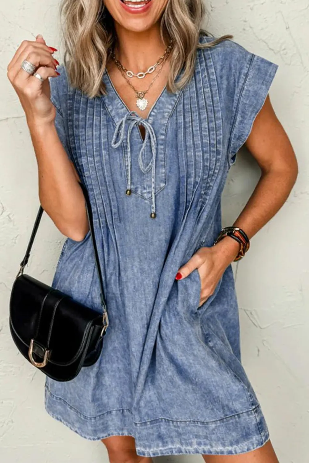 Online Dear-Lover Tie V Neck Tucking Detail Short Sleeve Denim Shift Dress Beau Blue