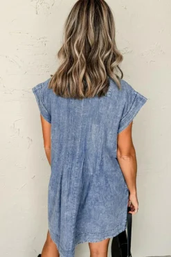Online Dear-Lover Tie V Neck Tucking Detail Short Sleeve Denim Shift Dress Beau Blue