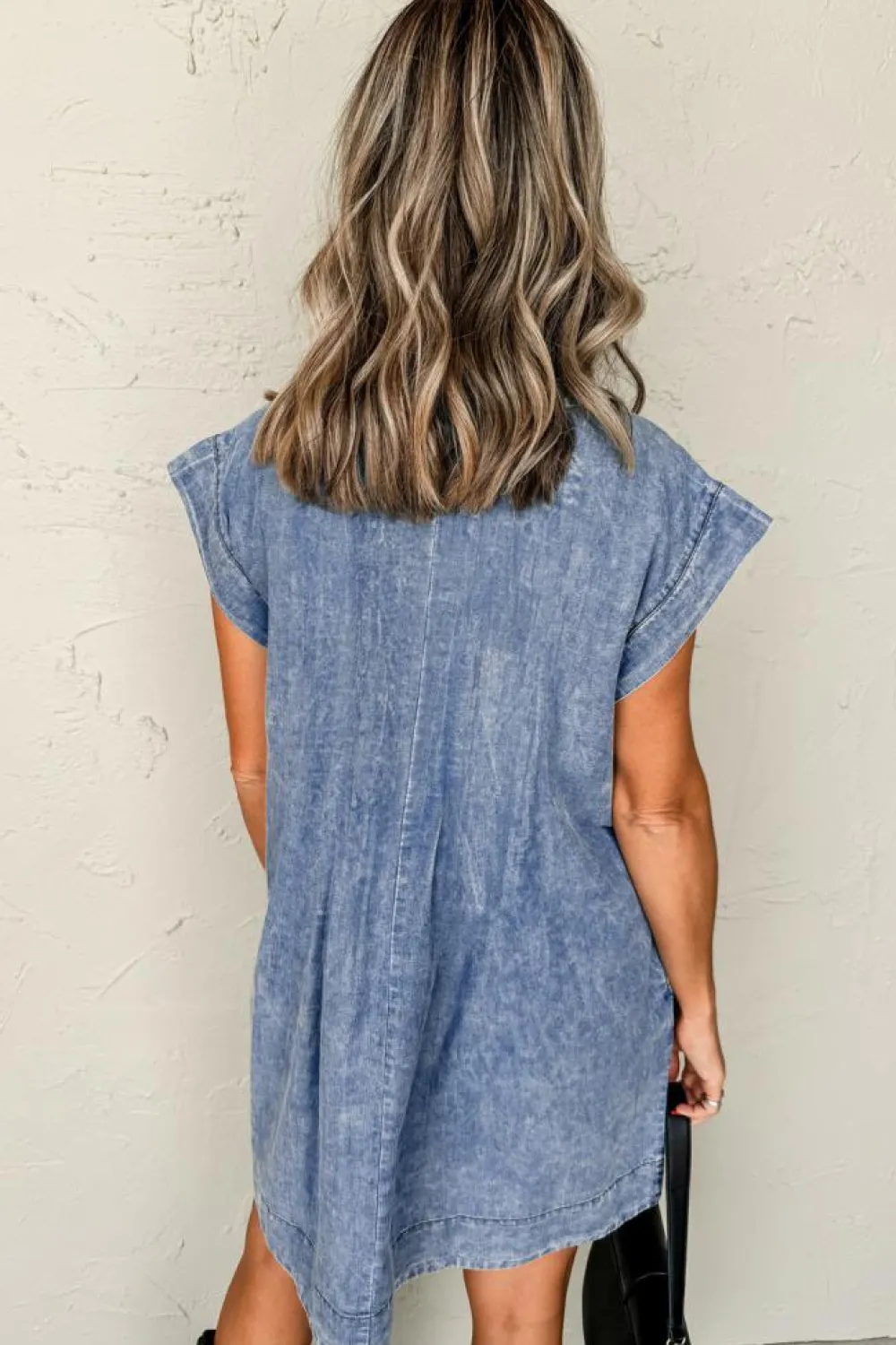 Online Dear-Lover Tie V Neck Tucking Detail Short Sleeve Denim Shift Dress Beau Blue
