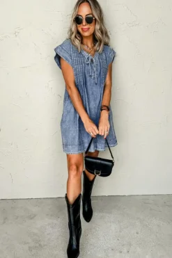 Online Dear-Lover Tie V Neck Tucking Detail Short Sleeve Denim Shift Dress Beau Blue
