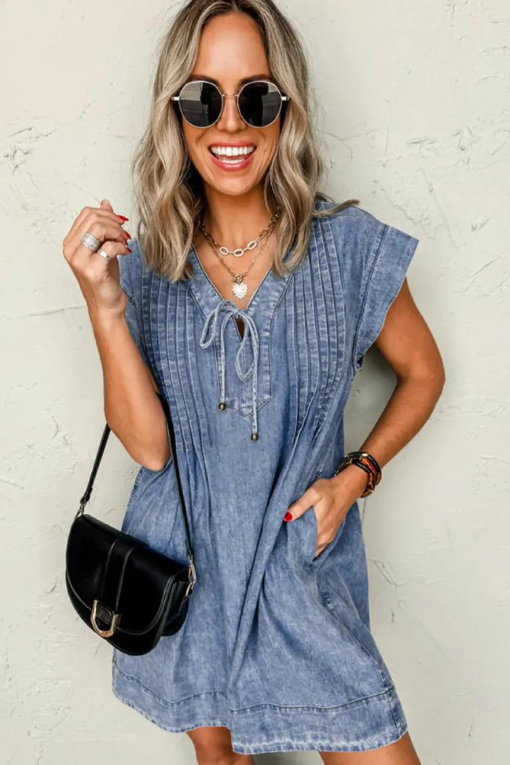 Online Dear-Lover Tie V Neck Tucking Detail Short Sleeve Denim Shift Dress Beau Blue
